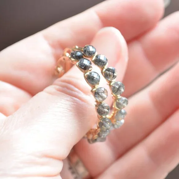 Black Rutilated Quartz Wire Wrapped Gold Hoops - Picture 6 of 11